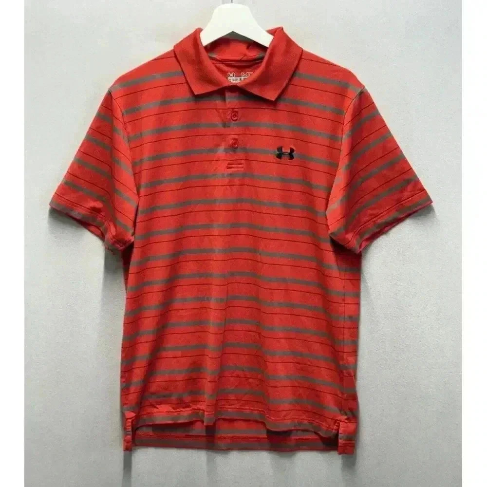 Under Armour Men's Size Medium Polo Shirt Heat Gear Red Stripe‎ All Season Wear